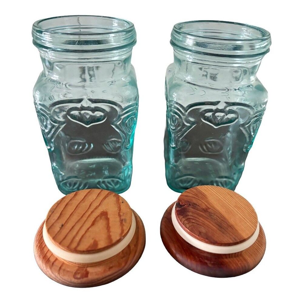 Vintage Vetreria Etrusca Italy Green Glass Canister Jars Wood Lids Set of 2